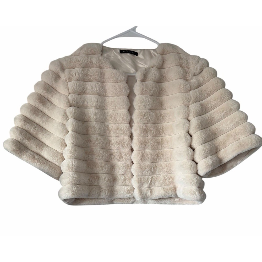 Alex Marie Alize Seamed Faux Fur 3/4 Sleeve Bolero Jacket Ivory Women's Small